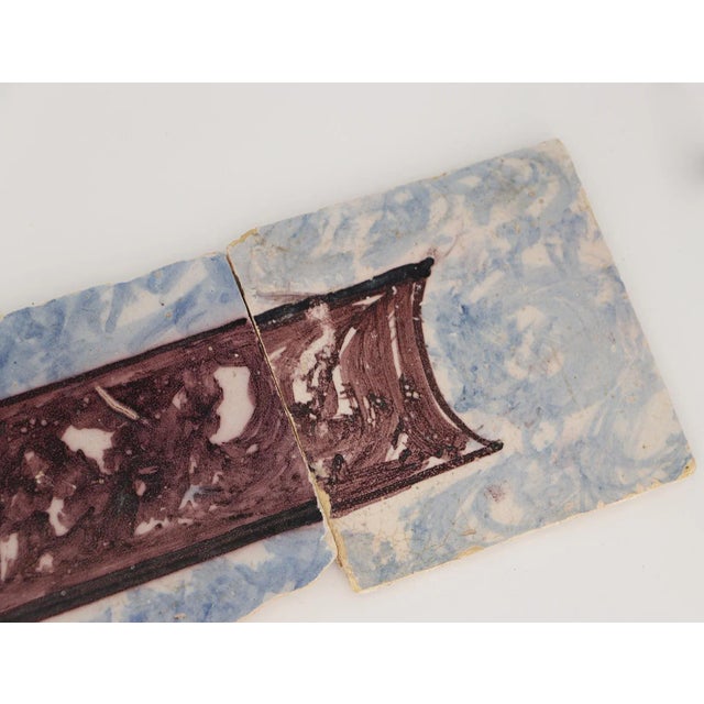 Ceramic 18th Century Antique Portuguese Strip of Five Blue and Brown Spongeware Tiles For Sale - Image 7 of 9