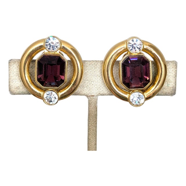 Vintage 1980s Signed Givenchy Round Faux-Amethyst & Clear Rhinestone Clip Earrings-2 Pieces For Sale