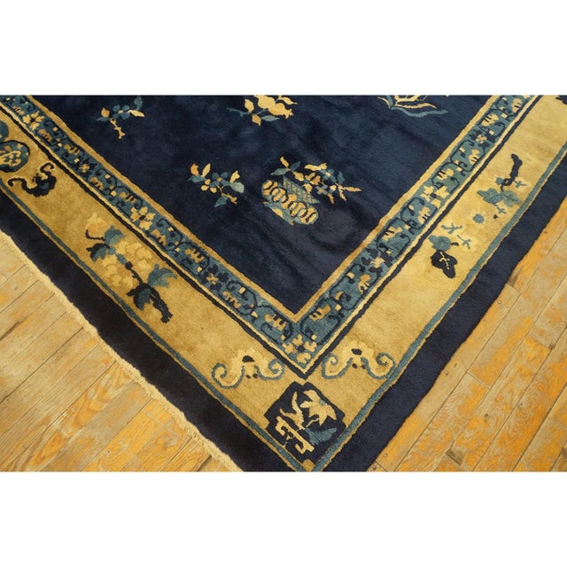 1930s 1930s Navy Floral Deco Antique Chinese Peking Knotted Wool Rug 8'2" X 9'8" For Sale - Image 5 of 12
