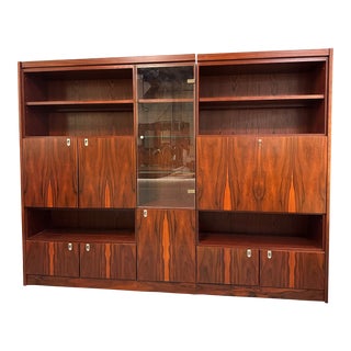 1970s Mid Century Planum Rosewood and Mahogany Lighted Wall Unit With Desk For Sale