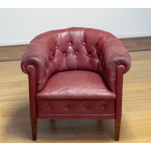 Animal Skin Swedish Red-Brown Leather Chesterfield Armchair, 1930s For Sale - Image 7 of 12
