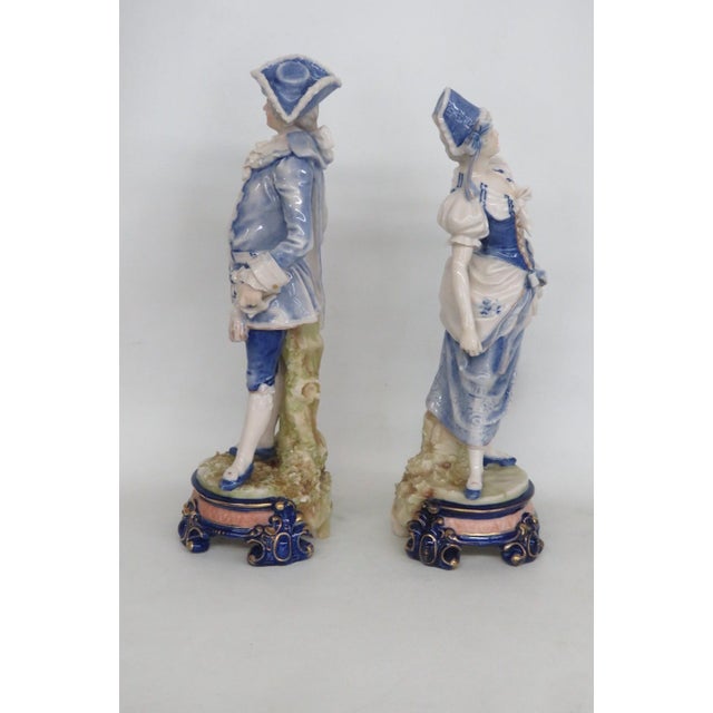 Early 20th Century Porcelain Continental Couple Pair of 2 Figurines 18th Century Style Attire 5069b For Sale - Image 5 of 17