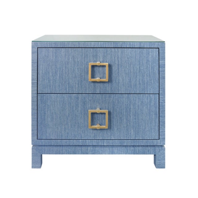 Matthew Izzo Home Cole Light Blue Dyed Grasscloth Two Drawer Side Table/Nightstand With Glass Top and Large Satin Brass Square Hardware For Sale - Image 10 of 10
