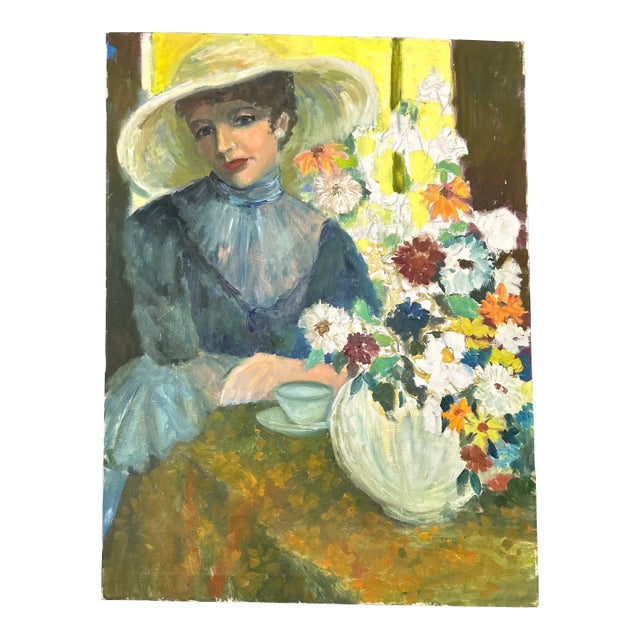 1950’s Impressionist Woman in Hat With Bouquet of Flowers Portrait Painting For Sale