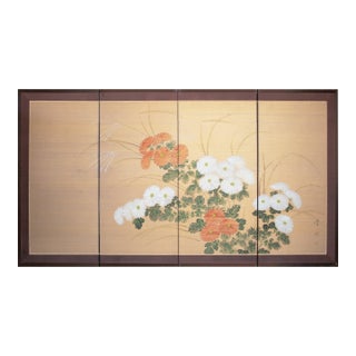 1960s Shōwa Era Japanese Painted Silk Byobu Screen "Chrysanthemums" For Sale