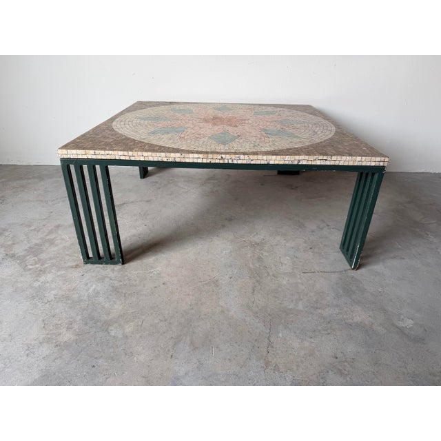 Metal 1980’s Vintage Floral Medallion Design Mosaic Top Coffee Table With Green Painted Iron Base/Sold For Sale - Image 7 of 12