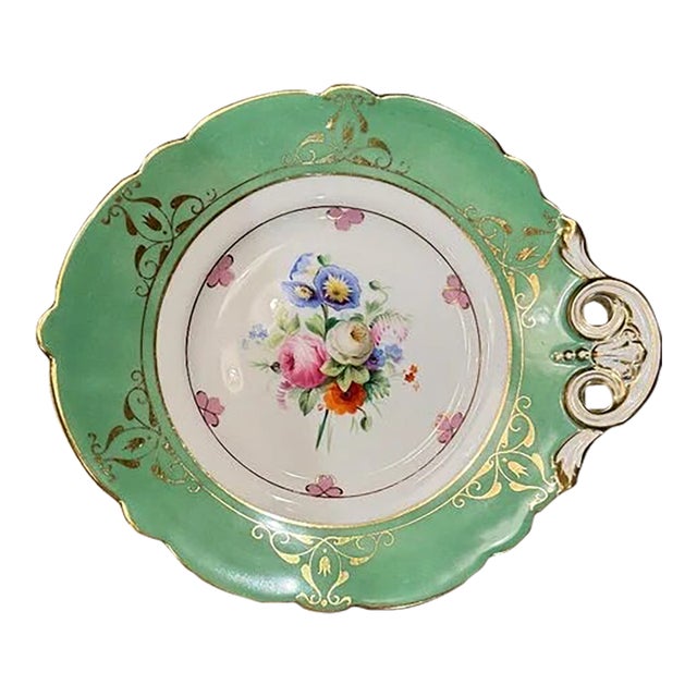 Anqitue Green Footed Cake Plate WIth Floral Spray Center For Sale