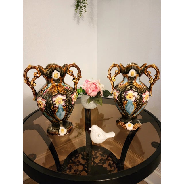 Antique Majolica Art Nouveau Jugendstil Vases- a Pair For Sale - Image 11 of 11