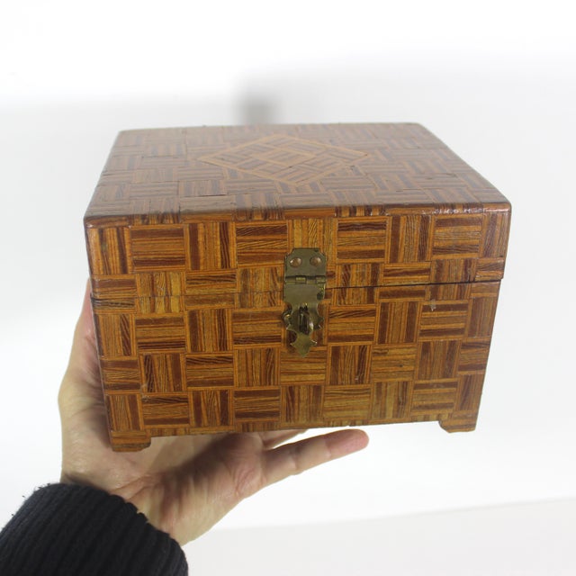 Wood 1960’s Parquetry Wood Inlay Box, Hinged Lid Wood For Sale - Image 7 of 12