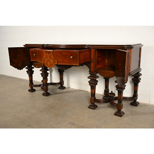 Antique Victorian Renaissance Revival Carved Mahogany Inlaid Marquetry Sideboard by Rockford Furniture, Circa 1920s For Sale In South Bend - Image 6 of 18