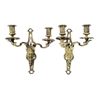 Pair Antique French Gothic Revival Style Bronze Wall Sconces W. North Wind Face For Sale