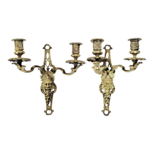 Pair Antique French Gothic Revival Style Bronze Wall Sconces W. North Wind Face