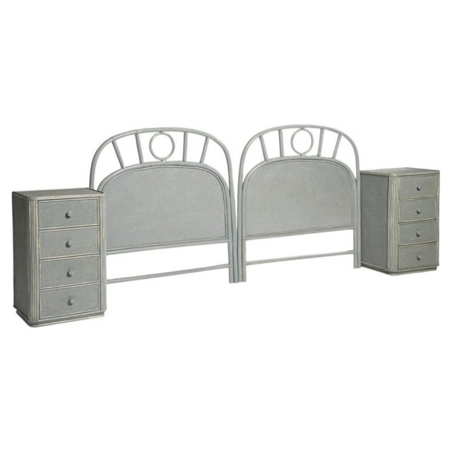 Vintage Distressed Rattan and Bamboo Headboard and Bedside Tables, 1970s, Set of 4 For Sale - Image 17 of 17