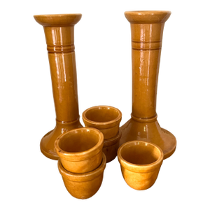 Pair of Vintage Biot French Pottery Mustard Glaze Candlesticks With Five Matching Cups Province France