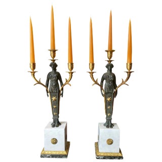 Empire Candelabra of Ormolu and Patinated Bronze and Marble - a Pair For Sale