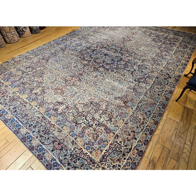 19th Century Oversized Persian Kerman Lavar Rug, Hand-Knotted Wool, Floral Pattern, Ivory & Blue, 11’ X 17’ For Sale - Image 4 of 18