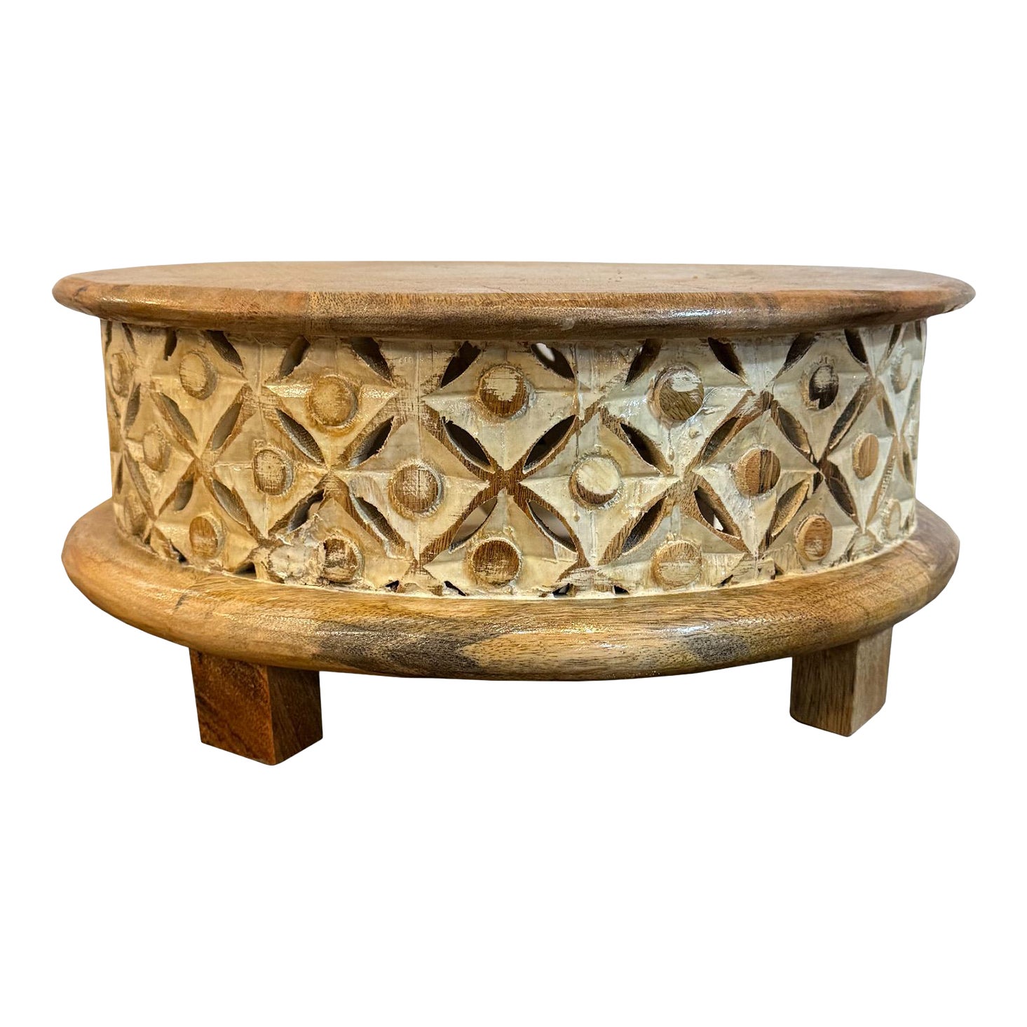 1990s Round Solid Wood Latttice Carved Riser / Table | Chairish