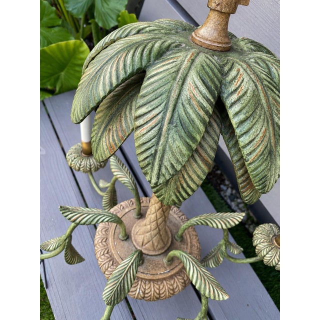 Hollywood Regency Vintage Tole Metal Palm Beach Tropical Hollywood Regency-Style Tole Palm Tree Chandelier Featuring Green-Painted Metal Fronds and Faux-Candle Arms For Sale - Image 3 of 12