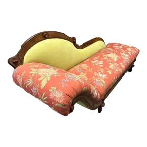 Antique 19th Century Fainting Couch With New Chartreuse Leather and Designer Fabric Upholstery