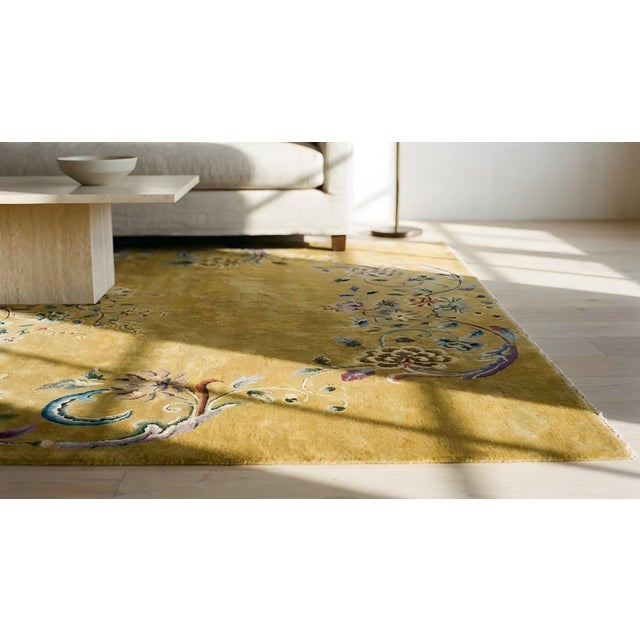 1920s Yellow Saffron Floral Vase Antique Chinese Art Deco Carpet 8'8" X 11'4" Knotted Wool Rug For Sale - Image 14 of 16