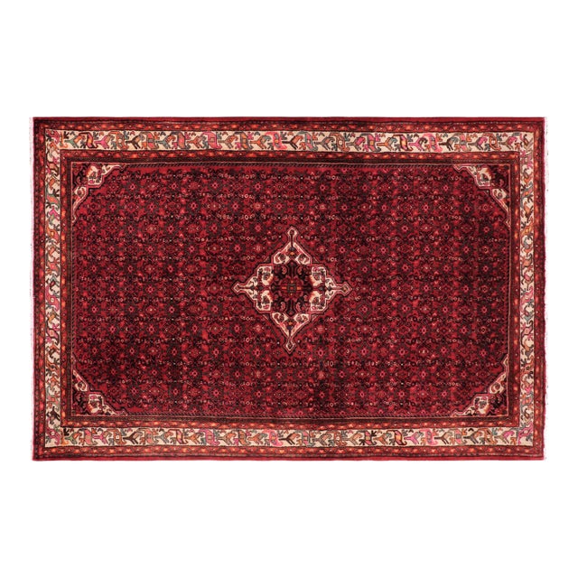 Vintage Hand-Knotted Wool Rug – 6'8" X 9'8" – Red & Blue Geometric Medallion Traditional Rug For Sale