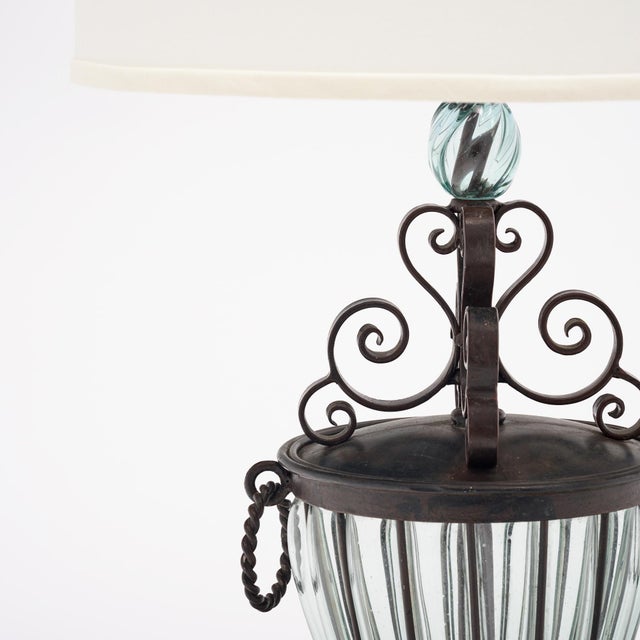 French Art Nouveau Style Table Lamp, French, Glass, Iron, Vintage 1930s For Sale - Image 3 of 9