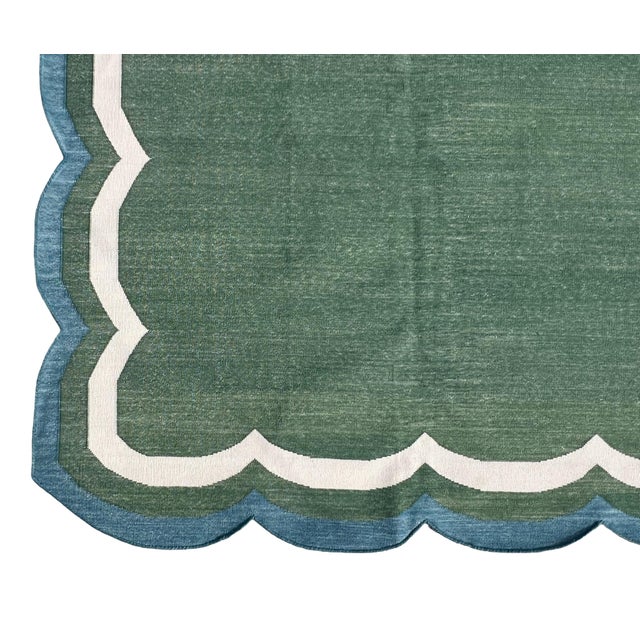 Handmade Cotton Flat Weave Area Rug, Forest Green, Cream and Teal Blue Scalloped Dhurrie - 8'x10' For Sale - Image 11 of 14