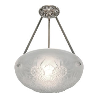 French Art Deco Pendant Light - Frosted Glass Bowl by Noverdy 1930s - 3 Available For Sale