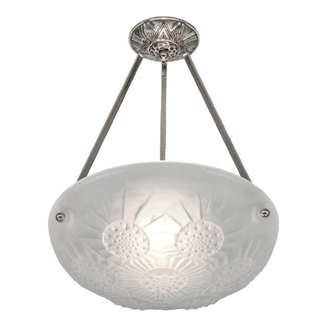 French Art Deco Pendant Light - Frosted Glass Bowl by Noverdy 1930s - 3 Available For Sale