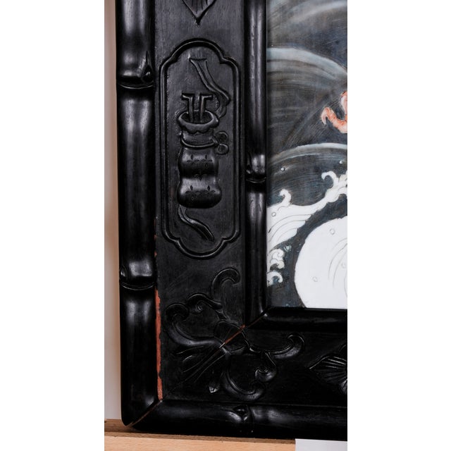 Antique Guanyin Riding Dragon (Kwan Yin) (Quan Yin) Large Hand Painted Porcelain Tile in Carved Black Wooden Framed Excellent Condition For Sale - Image 13 of 14