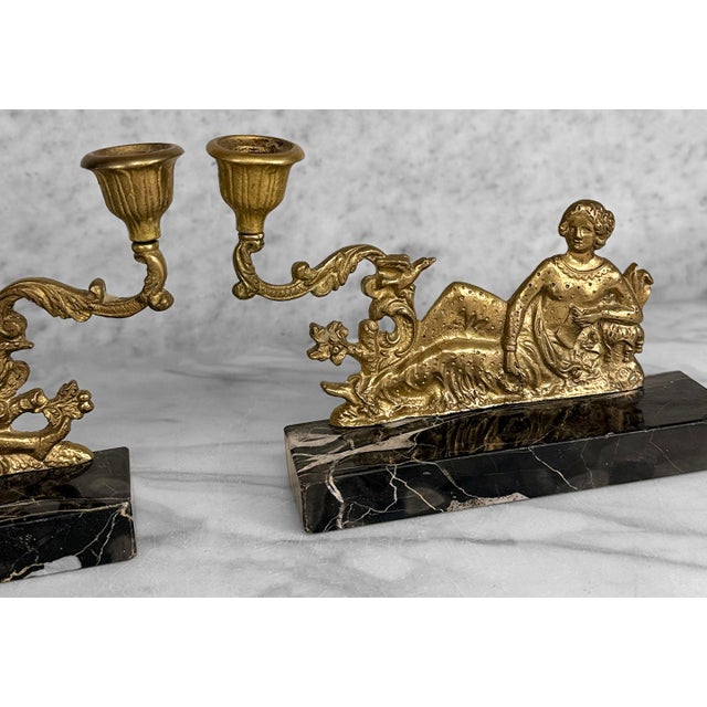 Vintage French Neoclassical Brass & Marble Figural Candlestick Holder - A Pair For Sale - Image 6 of 11