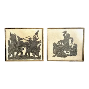 Pair of Original Thai Temple Charcoal Rubbing Framed Art
