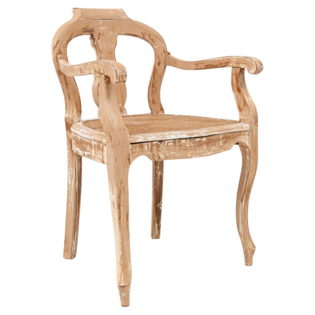 1900s French Louis XV Style Wood Patinated Open Armchair With Rattan Seat For Sale - Image 15 of 18