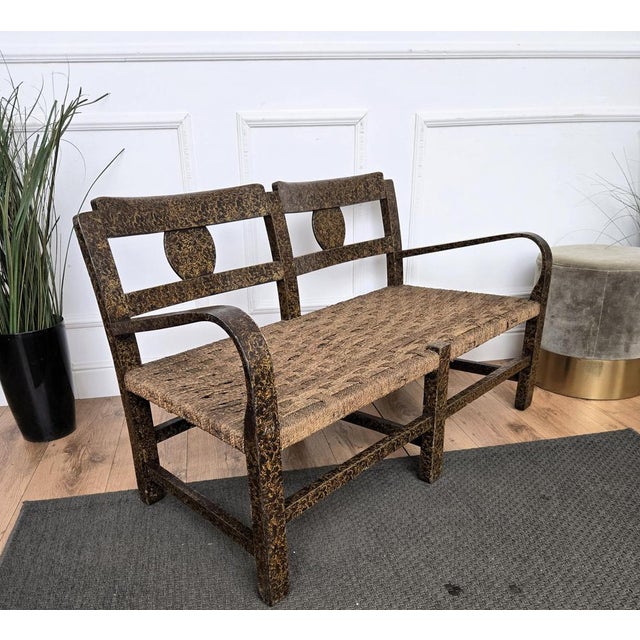 1960s Vintage Italian Burl Wood and Cord Woven Rope Lounge Bench, 1960s For Sale - Image 5 of 10