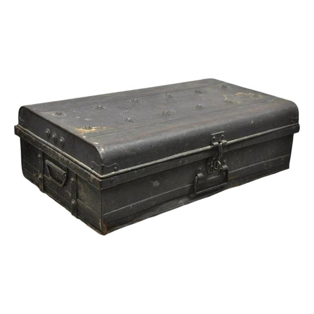 Antique Art Deco Steel Metal Military Weapons Black Storage Travel Trunk For Sale