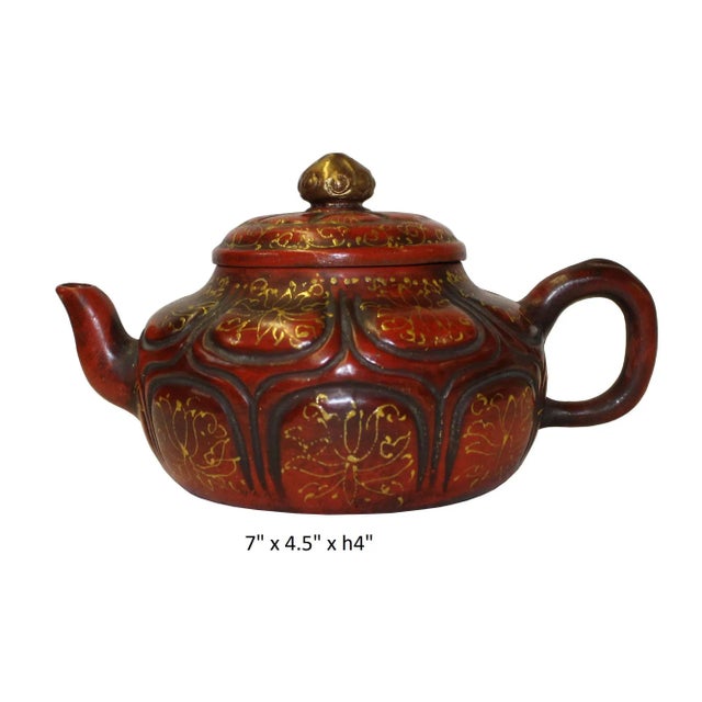 Chinese Zisha Clay Brown Golden Scenery Teapot Display For Sale In San Francisco - Image 6 of 7