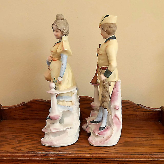 Victorian Antique Bisque Porcelain Figurine Pair - Victorian Hunter Boy & Lady For Sale - Image 3 of 11