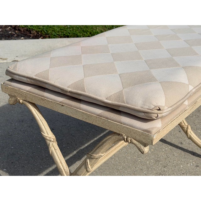 Vintage Drexel Heritage X-Form Faux Bamboo Bench featuring an elaborate sculptural metal frame with crossed X-form...