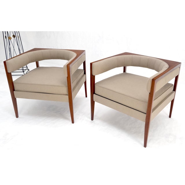 Mid-Century Modern Pair New Alcantera Upholstery Walnut Cube Shape Barrel Back Lounge Chairs MINT! For Sale - Image 3 of 13