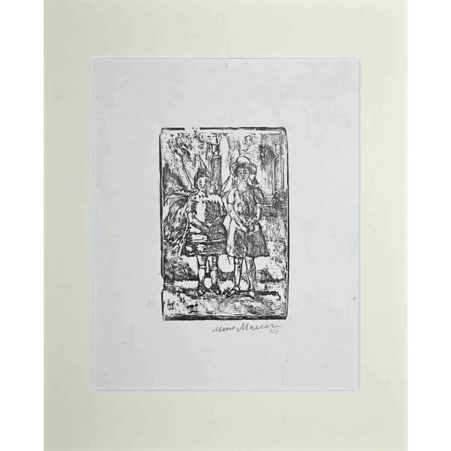 Historical Scene is an original print realized by Mino Maccari in 1927. Beautiful black and white woodcut print on ivory-...
