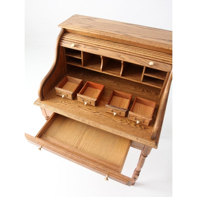 Mid 20th Century Vintage Oak Roll Top Secretary Desk For Sale - Image 5 of 17