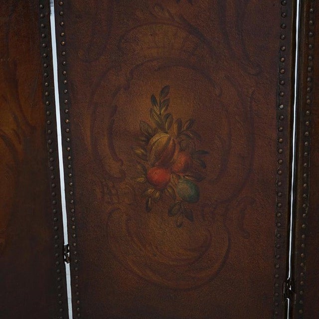 Arts & Crafts Polychromed Leather Folding Screen With Floral Design C1920 For Sale - Image 9 of 11