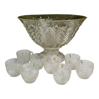 Vintage Anchor Hocking Art Deco Punch Bowl Set- 10 Pieces For Sale