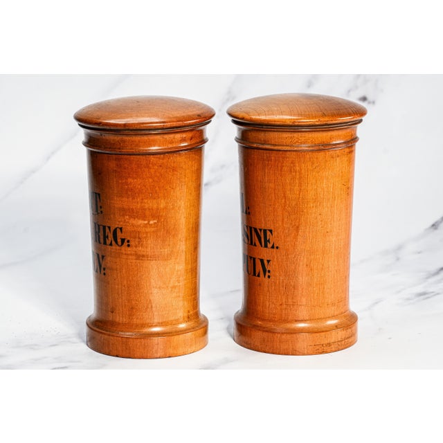 Amazing Pair of Carved European Antique 19th Century Wood Apothecary Pharmacy Lidded Jars Home Decor Medical Health For Sale - Image 11 of 14