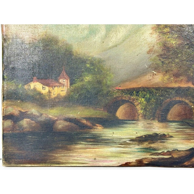 Folk Art Antique Folk Art Oil Painting Scenic Church Bridge Setting, artist signed & dated For Sale - Image 3 of 10
