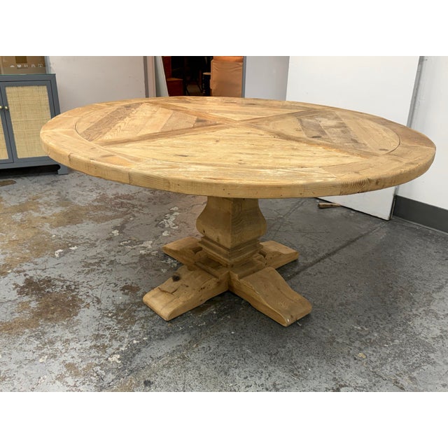 Rustic European Timothy Oulton for Restoration Hardware Salvaged Wood Trestle Round Dining Table, Diam. 60.5 Inches For Sale - Image 3 of 12