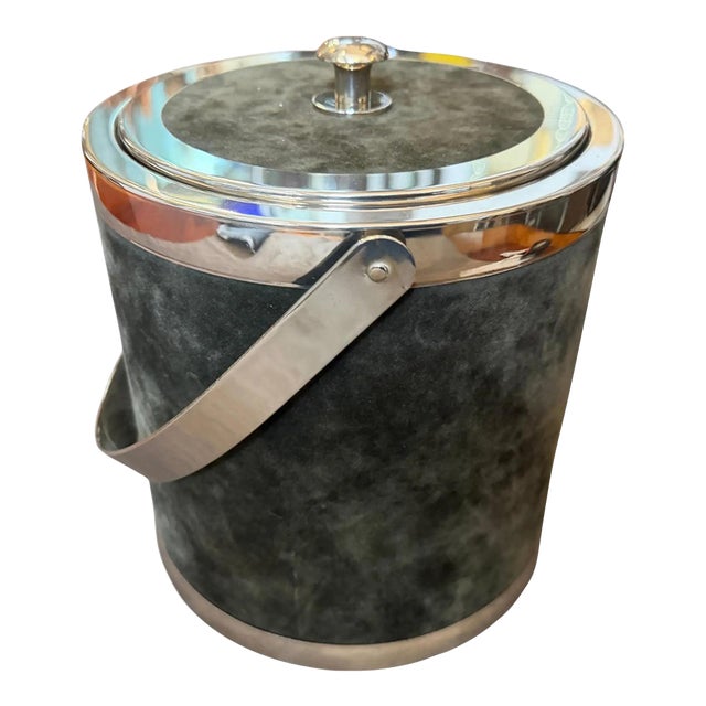 1970s Mid-Century Modern Metal and Green Moleskin Ice Bucket Glacette by Lidian For Sale