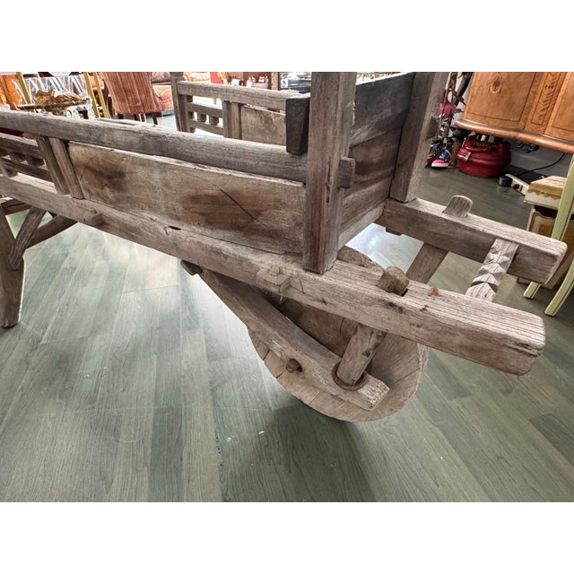 Antique Hand-Carved Wooden Wheelbarrow With Solid Wood Wheel, Chinese Folk Art For Sale - Image 11 of 11