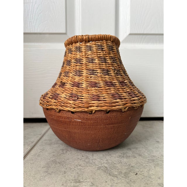 Wood Vintage Handcrafted African Ghanaian Terracotta Pot With Woven Wicker Overlay For Sale - Image 7 of 9