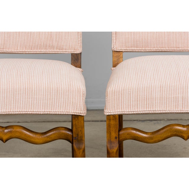 Early 20th Century Antique French Louis XIII Style Os De Mouton Oak Dining Chairs in Blush Pink Stripe - Set of 6 For Sale - Image 5 of 17
